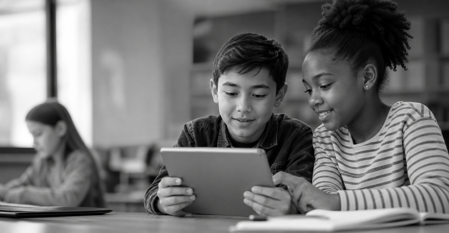 Crianças aprendendo juntas com um tablet