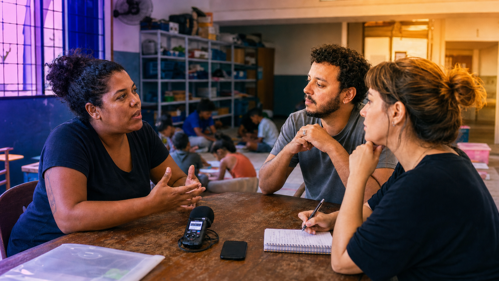 Liderança social se preparando para uma conversa com a imprensa