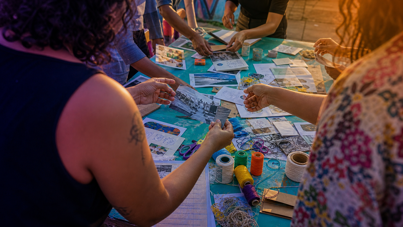 Mãos compartilhando fotografias e materiais em oficina comunitária