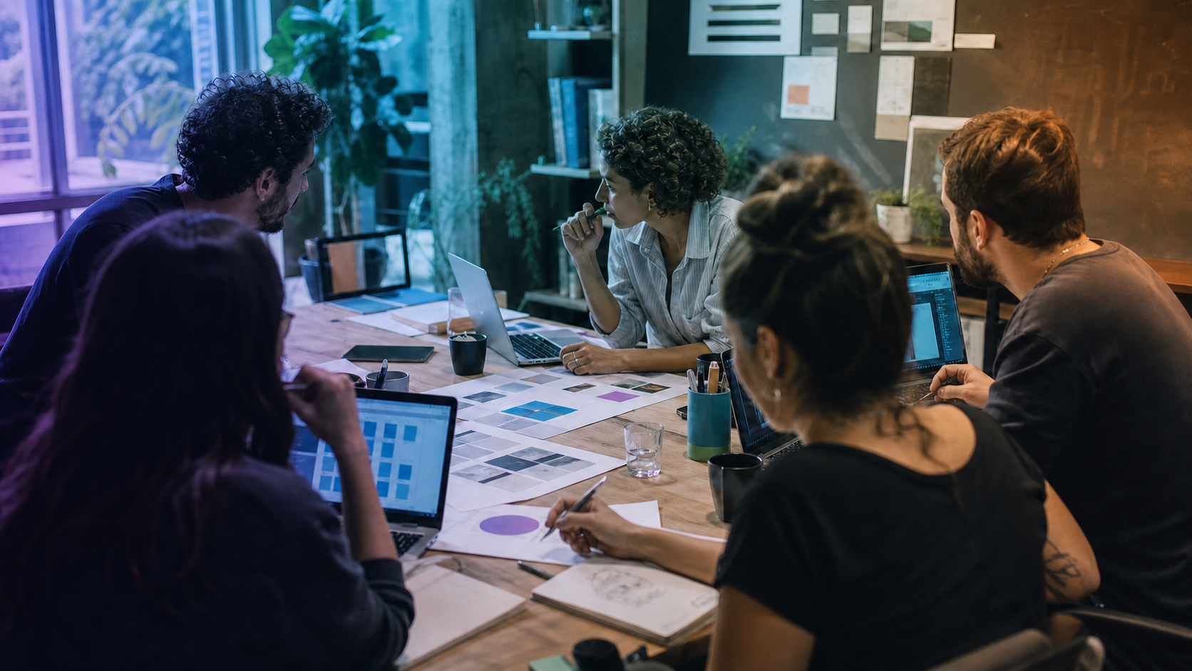 Equipe multidisciplinar colaborando ao redor de uma mesa de trabalho